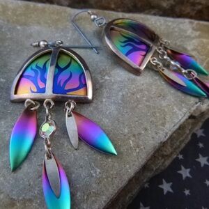 Vintage 1980’s Sterling Silver Stamped Large Colorful Titanium Earrings